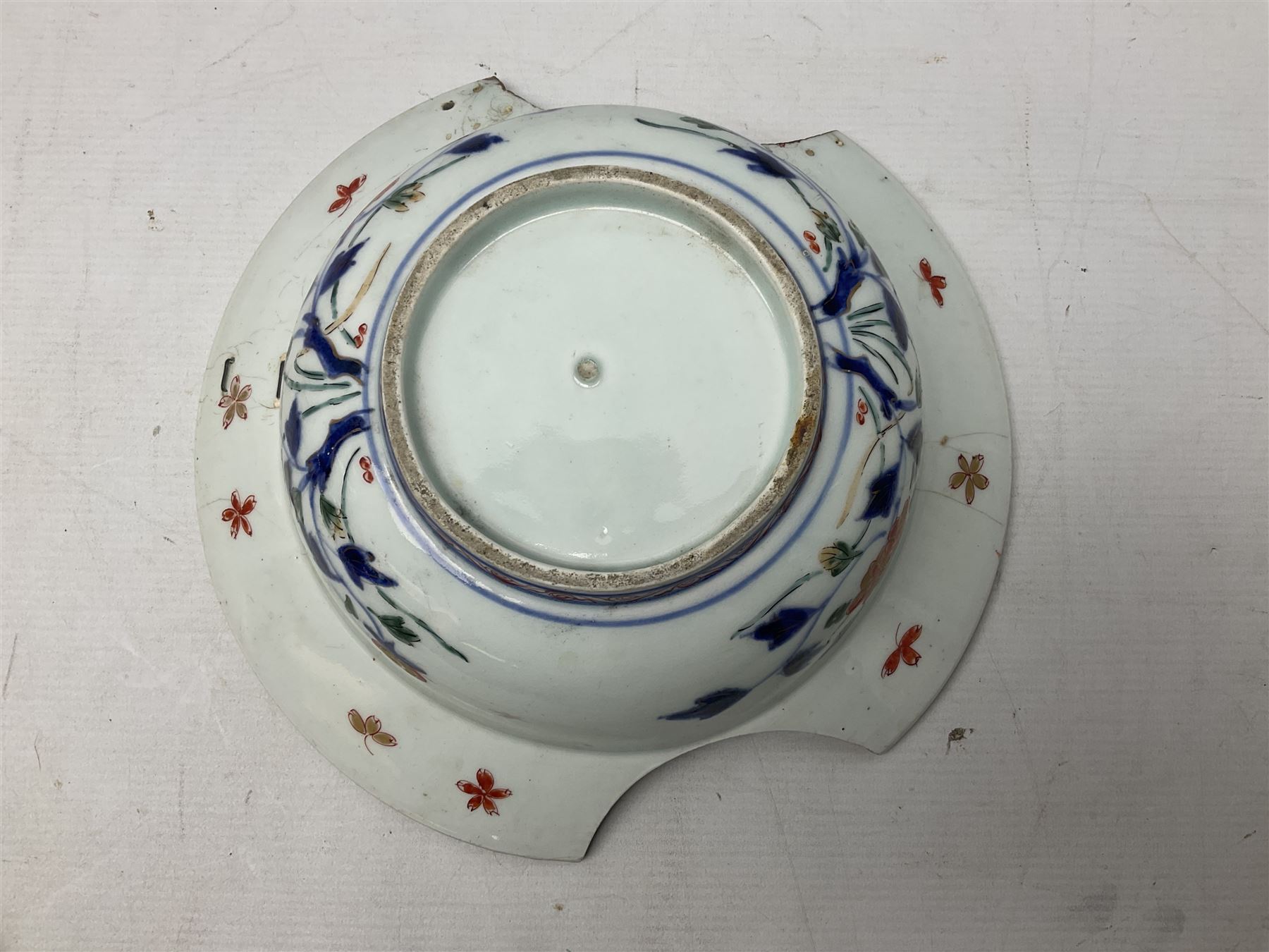 19th Century Imari pattern Japanese blood letting bowl, together with 19th century chinese blue and white square dish with decorated with blossoming flowers, together with thee blue and white saucers 