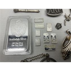 Silver mother of pearl handled fruit knife, silver jewellery including masonic pendant necklace, shell pendant, coin ring, Claddagh ring and charms etc, and a collection of ingots
