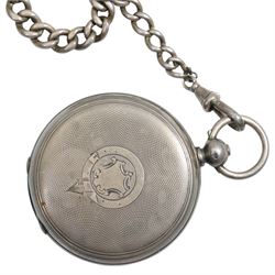 Victorian silver open faced key wound pocket watch by Waltham Mass, no. 4656211, white enamel dial with Roman numerals and subsidiary seconds dial, engine turned with vacant cartouche, Birmingham 1891, on silver Albert chain