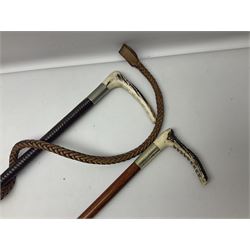 Collection of hunting crops and riding whips, including horn handle examples with silver cuffs