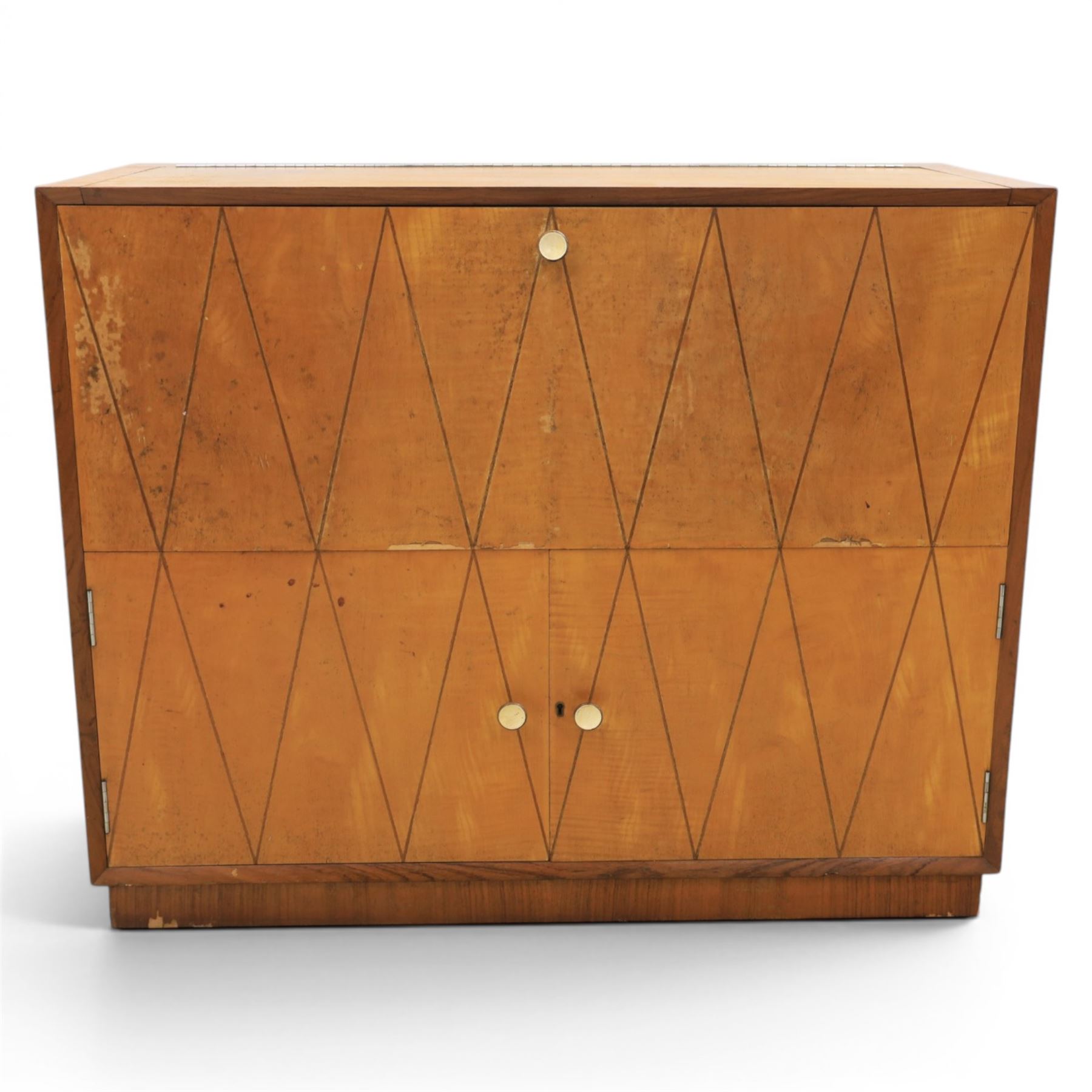 Teak mid 20th century fall front cabinet, hinged top with geometric inlay front, above twin cabinet doors