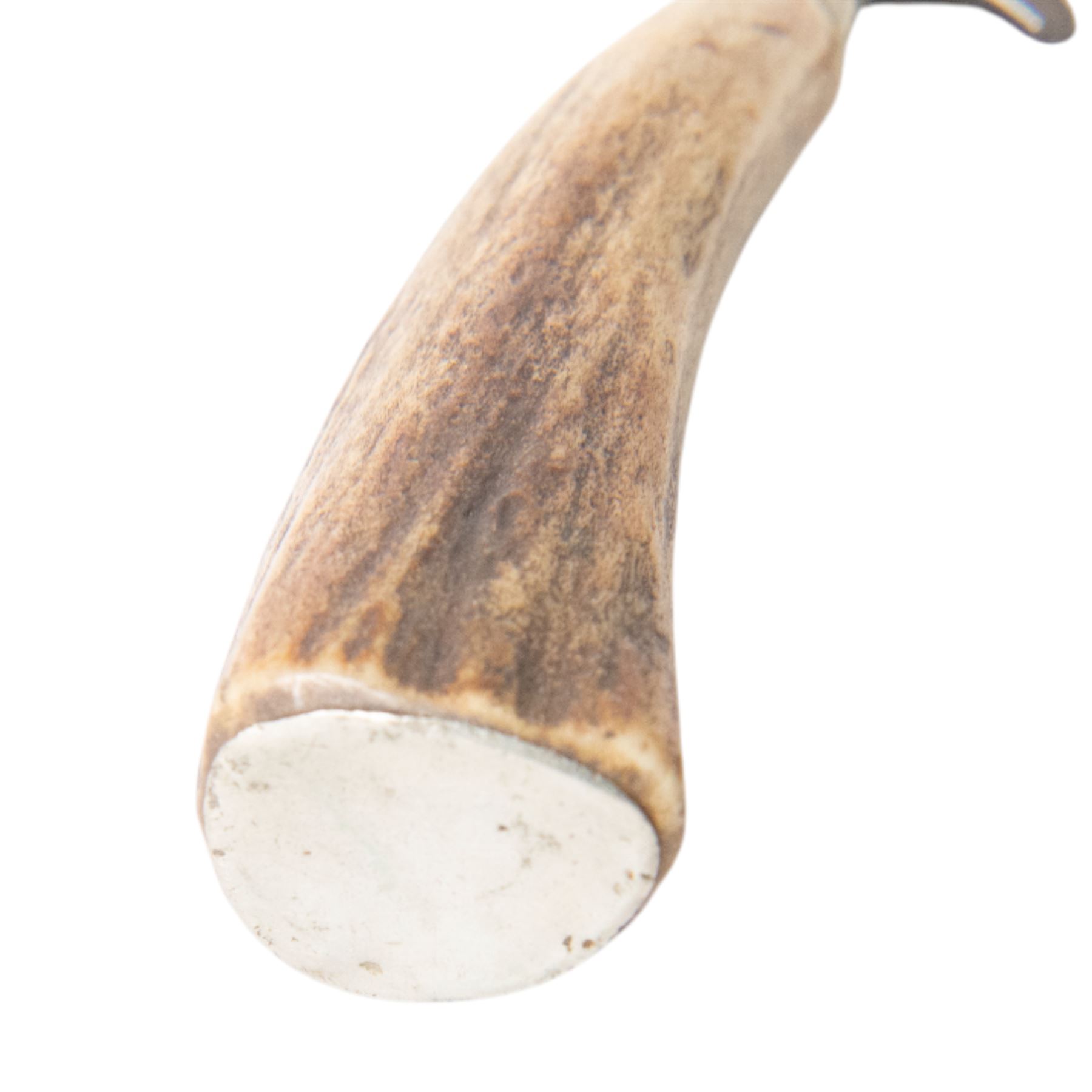 German hunting knife, the 12cm blade marked G. Grafrath Solingen, with antler handle, in leather scabbard, overall L25cm 