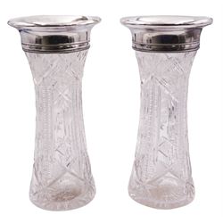 Pair of early 20th century silver mounted cut glass vases, of waisted cylindrical form, the silver collars with beaded detail and engraved initials, hallmarked Gorham Manufacturing Co, Birmingham 1910, H29cm