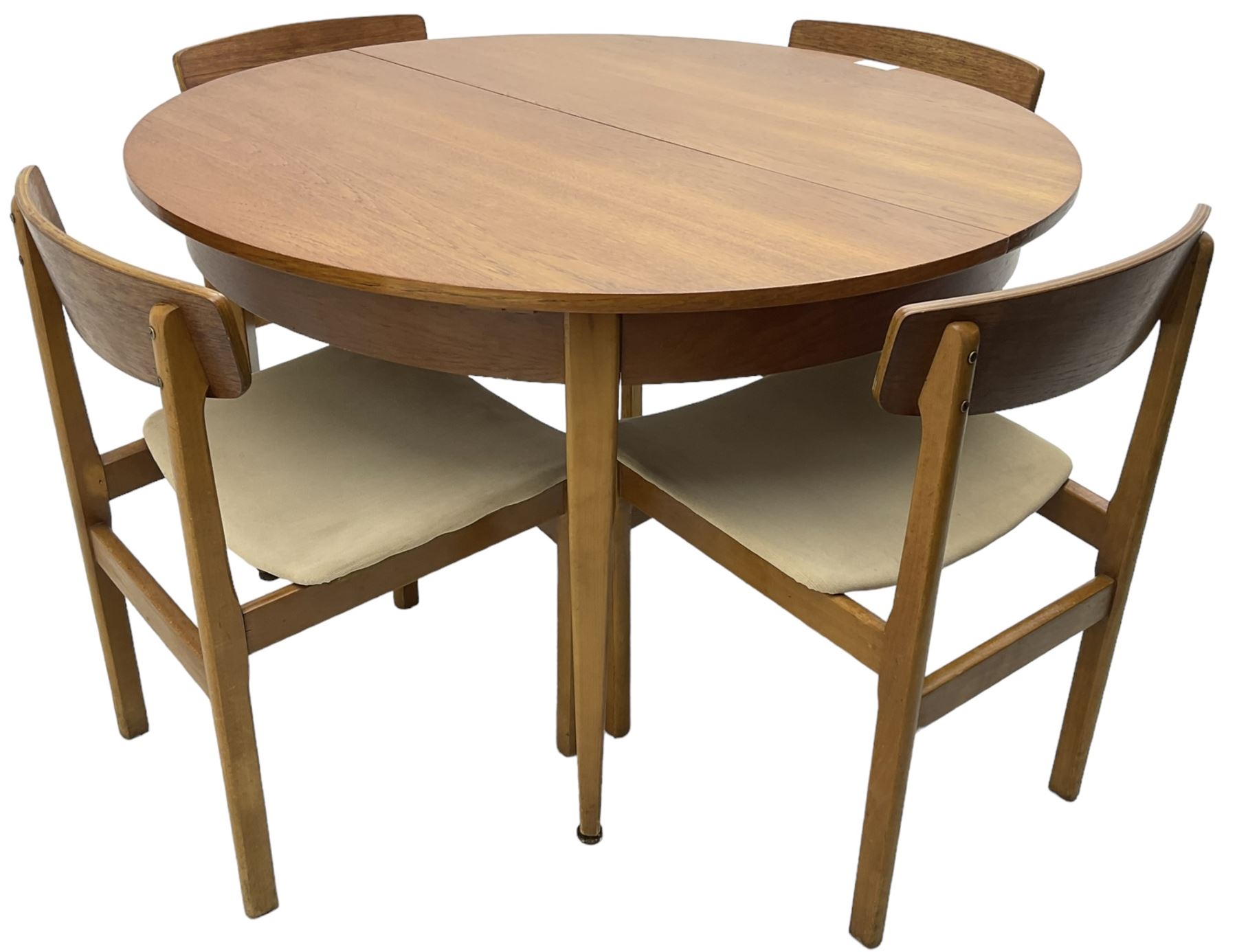 G-Plan - mid-20th century teak extending circular dining table, with concealed additional leaf (W114cm, H72cm); and a set of four mid-20th century teak dining chairs, seat upholstered in beige fabric