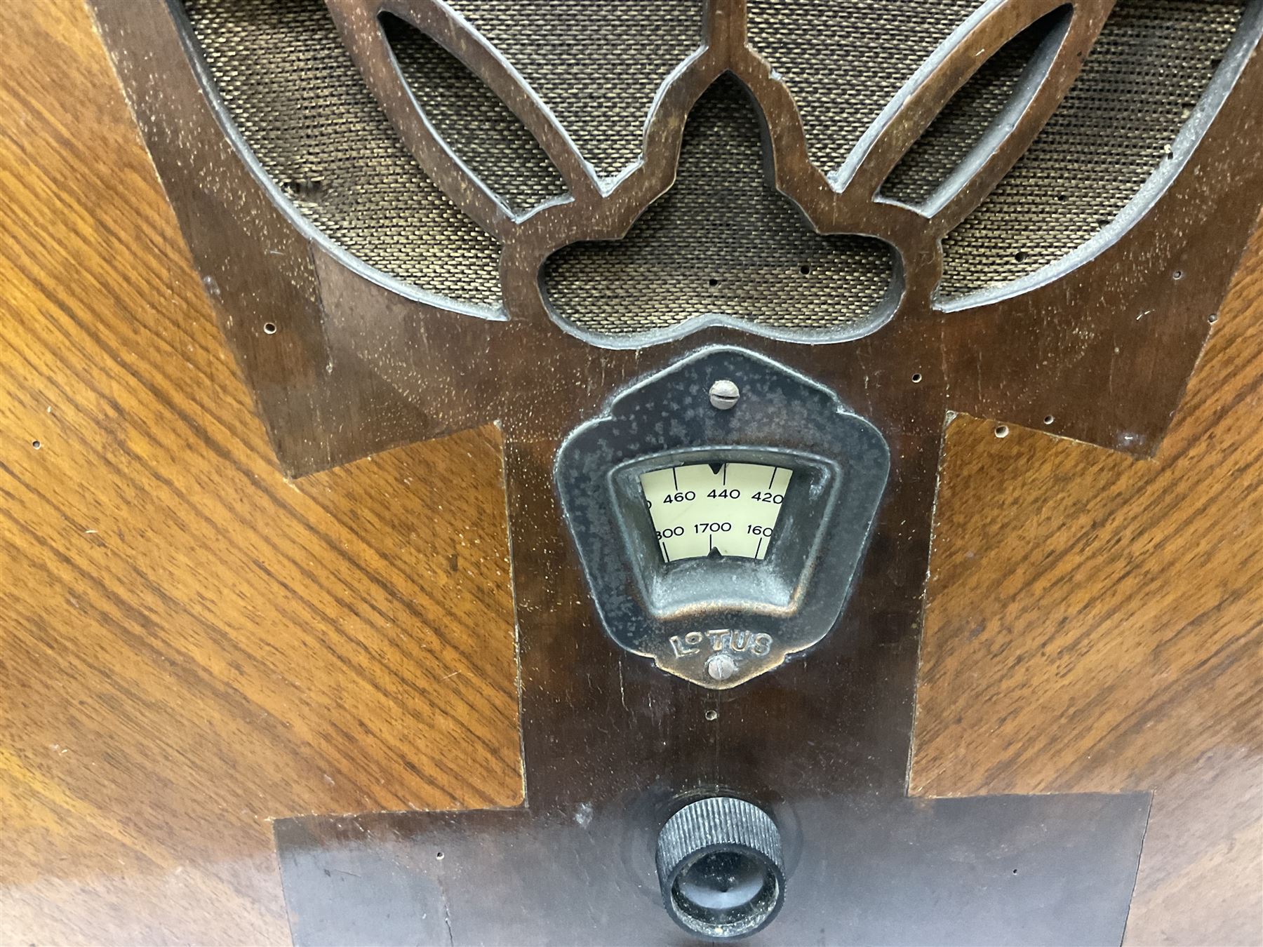 Two 1930s radios, comprising Art Deco Lotus valve example with copper fixtures, H50cm W37cm  together with a Swan Aerodyne example decorated with inlay
