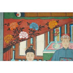 Large and impressive Chinese ancestral portrait, late Qing dynasty, gouache on stitched canvas with gilded highlights, showing thirty-eight sitters across four registers, the principal ancestors depicted before an altar table holding various ritual items, each in official dress and many wearing Golden Pheasant (Second-rank) and Silver Pheasant (Fifth-rank) Mandarin squares or 'buzi', overall 190cm x 131cm 
