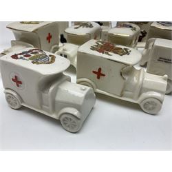 Ten WW1 crested china military models comprising seven field ambulances and three 'Home Fires Burning' fire-surrounds/range; various makers including Willow Art, Arcadian China, Grafton China, Savoy China, Carlton China etc; various crests including Devon, Aldershot, Portsmouth, West Ham, Coventry, Oxford, Hastings, Brighton etc (10)