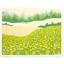 Dorothy Bart (British 20th/21st century): 'Buttercups', limited edition screen print signed titled and numbered 34/55 in pencil 40cm x 50cm; R Macher (20th century): Staircase, limited edition woodblock print indistinctly signed and numbered 17/60, 54cm x 42cm (2)