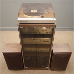  Marantz vintage hi-fi system, including TT2000 record player, SD 3000 cassette deck, SJ300 am/fm tuner and PM400 amplifier, houses in a walnut cabinet with glass doors, (W46cm, H112cm, D40cm) and pair HD540 speakers   