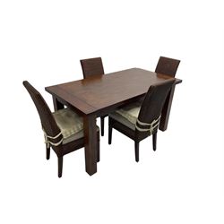 Rectangular oak dining table on block supports, together with set four cane high back dining chairs with upholstered seat cushions