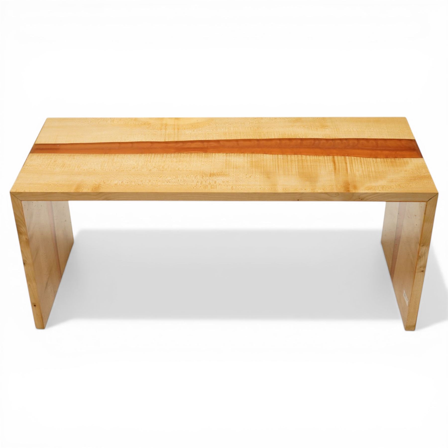 Chris Redfearn of Halifax - sycamore coffee table, the rectangular top with resin flare, raised on rectangular twin end supports