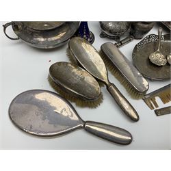 1920s silver five piece dressing table set, hallmarked Birmingham 1924, together with silver commemorative Queen Elizabeth spoon, hallmarked, two French enamel epergne trumpets and other metal ware, in one box