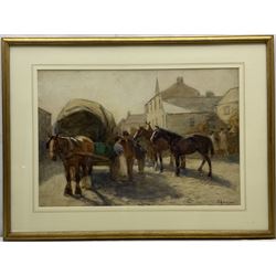 John Atkinson (Staithes Group 1863-1924): Horse Fair, watercolour signed 38cm x 56cm