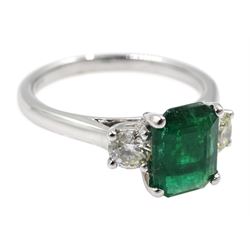18ct white gold emerald and diamond three stone ring, hallmarked, emerald 1.16 carat, total diamond weight 0.39 carat, with World Gemological Institute Certificate 