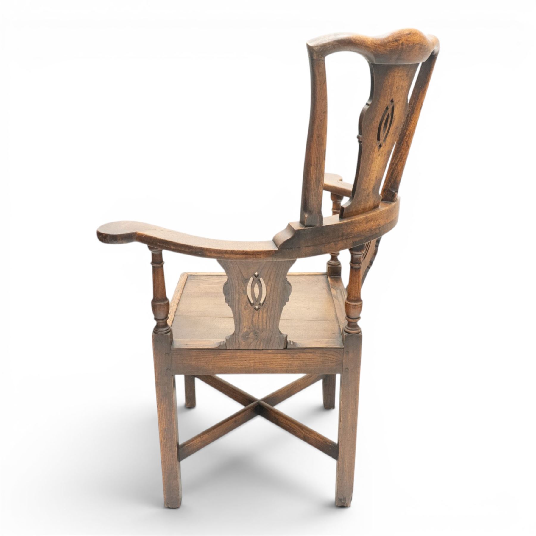 19th century elm high-backed corner chair, shaped cresting rail over three pierced vasiform splats and out-swept arms, square panelled seat over square supports united by X-stretcher