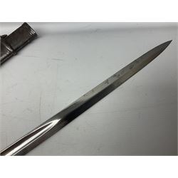 Victorian British Army officer's sword by Hobson & Sons Little Windmill Street London, the 82cm fullered steel blade etched with crowned Victoria cypher and 'HM 1st West York R.V.', lined gilded brass three-bar hilt incorporating Victoria cypher and wire-bound fish skin grip with plaited knot; in steel scabbard with two hanging rings L99cm overall