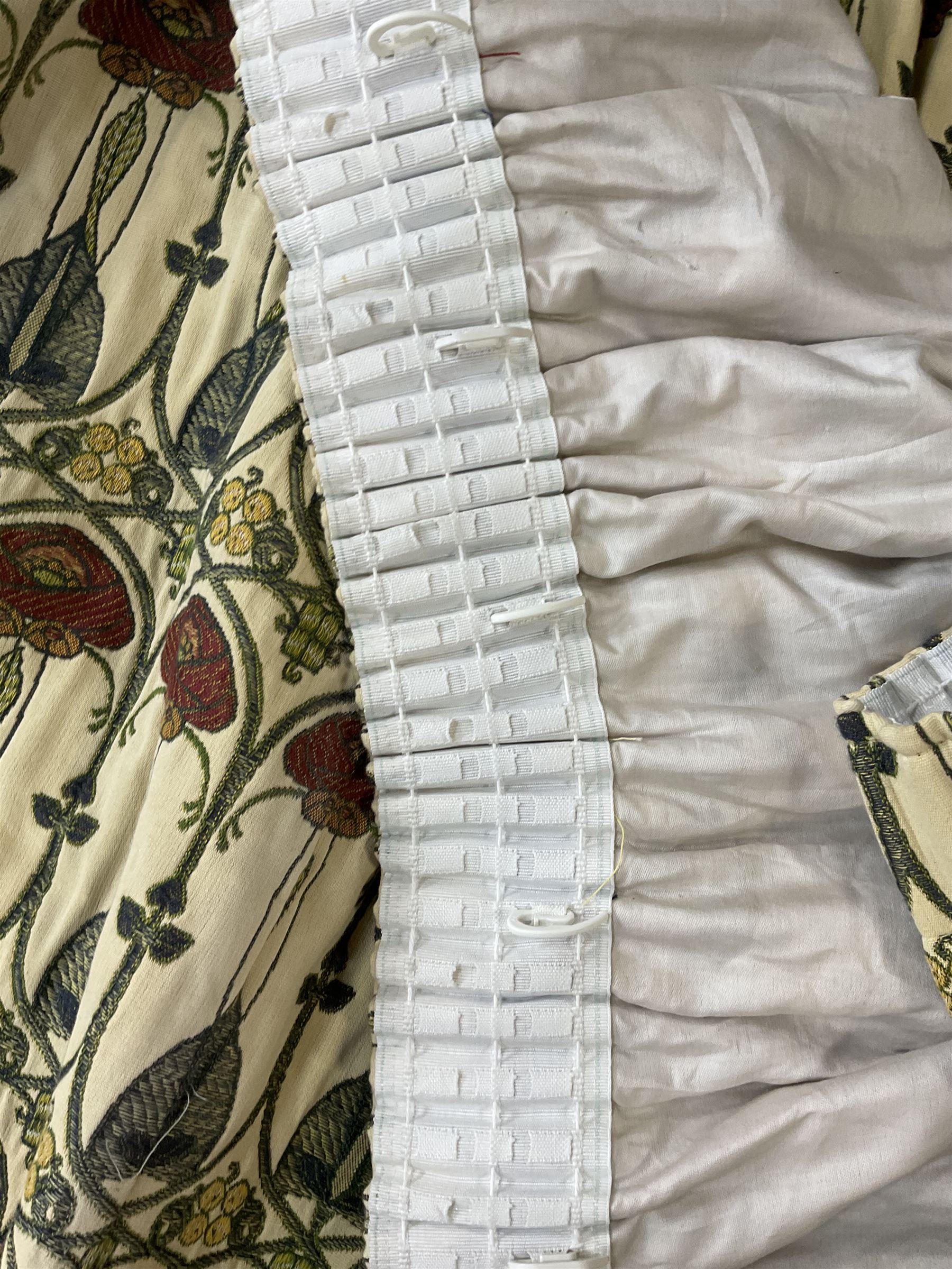 Two pairs of lined curtains in Mackintosh fabric, with pencil pleated headers,  first pair width at headers - 177cm, drop - 265cm, second pair width - 170cm, drop - 210cm