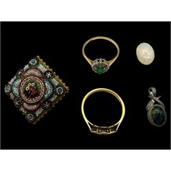 9ct gold emerald and diamond cluster ring, hallmarked, 18ct gold three stone diamond ring,...