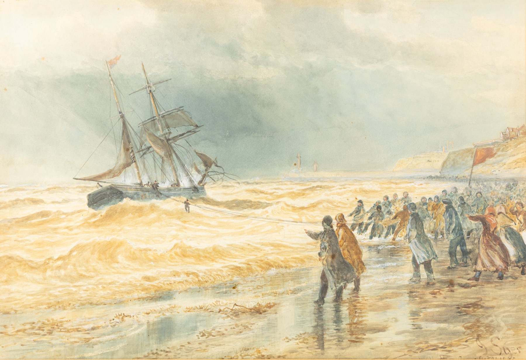 John C Syer (British 1844-1912): Rescuing a Ship at Upgang near Whitby, watercolour signed, indistinctly titled beneath the mount 46cm x 67cm