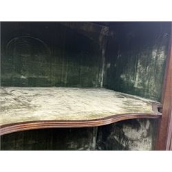 Victorian hardwood and inlaid display cabinet, central breakfront glazed display with astragal glazing and mirror back, flanked by mirrored alcoves with turned supports, below foliate and scrolling marquetry panels enclosing cupboard doors, shaped open shelves with turned supports beneath, on tapered and spade feet