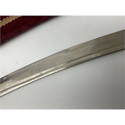 Late Victorian British Military gymnasium practice sword with 85.5cm fullered blunt pointed narrow straight blade, pierced bowl guard and chequered wooden grip L103cm overall; Leon Paul fencing foil with shaped grip and touche wiring; and two reproduction Indian tulwar swords with scabbards (4)