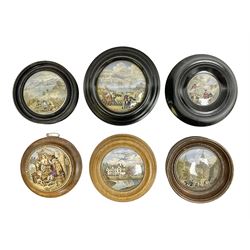 Six framed Prattware pot lids comprising 'Harbour of Hong Kong', 'Sandringham the Seat of HRH The Prince of Wales', 'Sebastopol', 'The Square, Strasbourg', 'Shooting Bears' and one other, each in plain and ebonised frames, largest D18.5cm (including frame) (6)