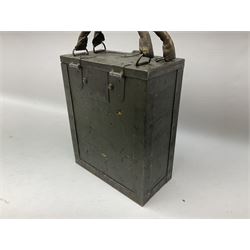 WW2 green painted metal bound wooden magazine carrying box containing twelve twenty-round clips in three compartments, with double leather carrying handles to the hinged lid L24cm H30cm (excluding handles)
