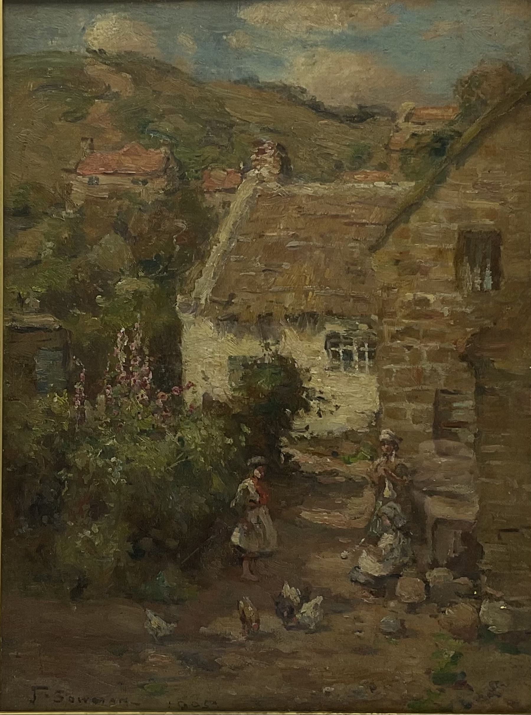 John Bowman (Staithes Group 1872-?): 'Little Gossips Runswick Bay', oil on canvas signed and dated 1905, old title label verso 39cm x 29cm