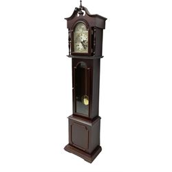 20th century - 31 day duration mahogany granddaughter clock, with a fully glazed door and swan's neck pediment, break-arch silvered dial with etched Roman numerals and pierced steel hands, two  train spring driven going barrel movement striking the hours on a gong. With pendulum and key.