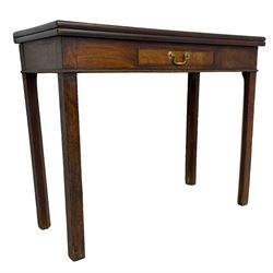George III mahogany tea or side table, fold-over top over single gate-leg action base, fitted with single cock-beaded drawer, raised on square supports with inner chamfer