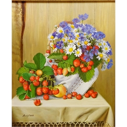  Gregori (Lysechko) Lyssetchko (Russian 1939-): Still Life of Wild Strawberry's and Flowers in Wicker Basket, oil on canvas signed and dated 2006, 53.5cm x 45cm  