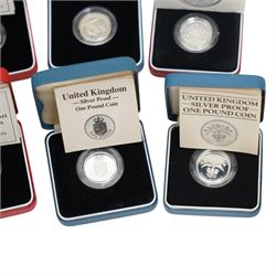 Thirteen The Royal Mint United Kingdom silver proof one pound coins, comprising 1983-1989, 1993 piedfort, 1994, 1994 piedfort, 1997, 2004, and 2006, all cased with certificates