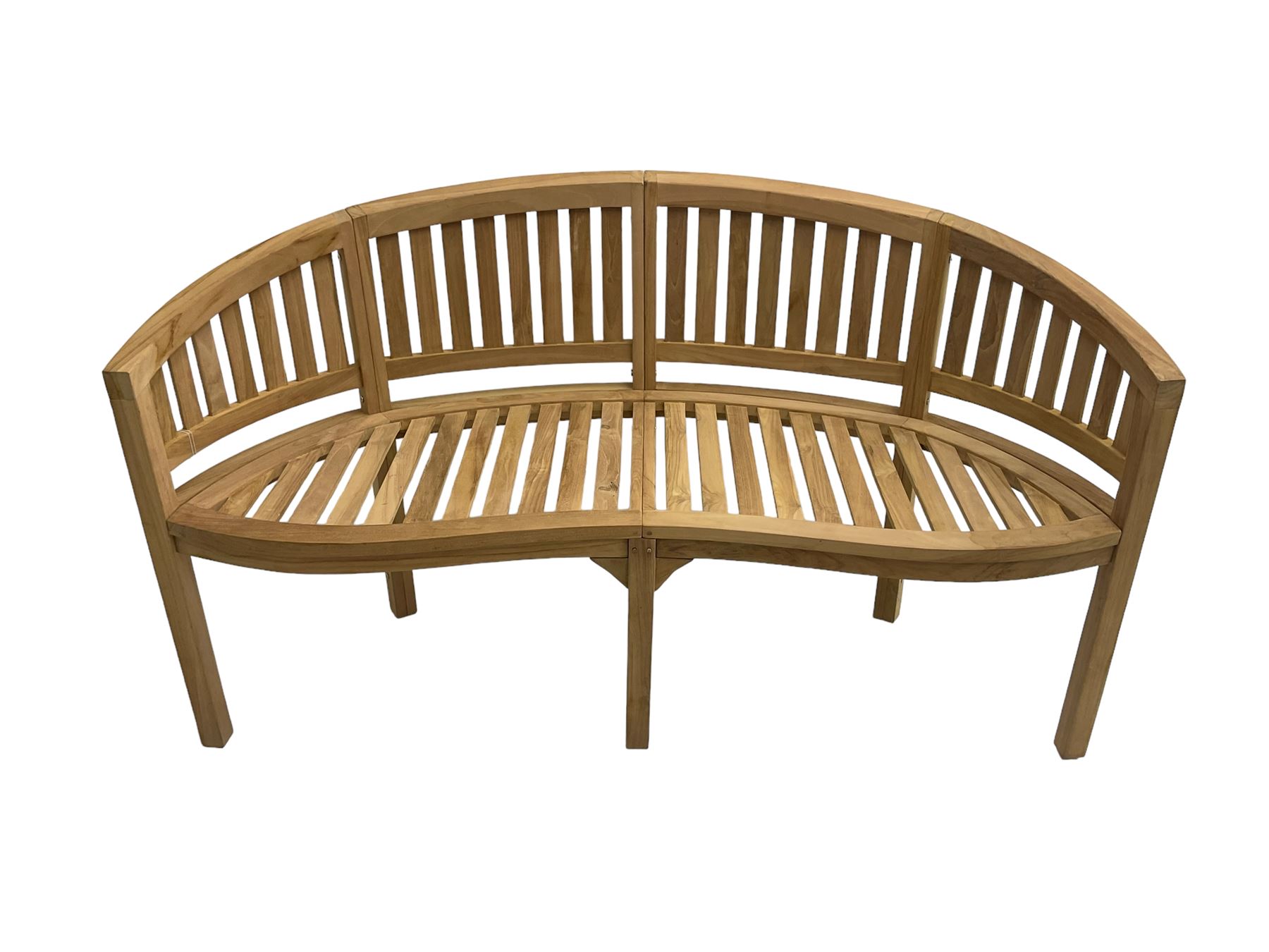 Solid teak garden bench, curved back and serpentine slatted seat