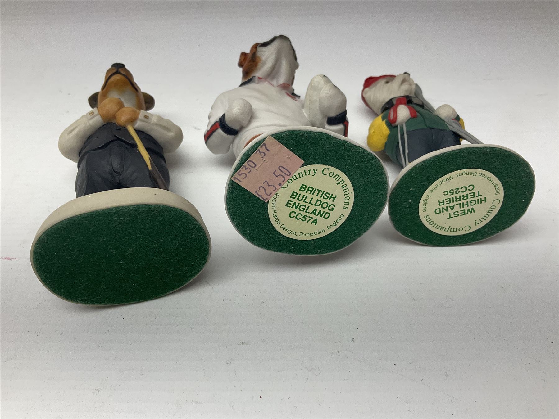 Ten Country Companions Robert Harrop dog figures, including Doberman CC28, Boxer Grand Prix CC88, Golden Retriever CC33, Bulldog Darts CC75, etc