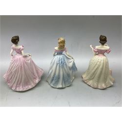 Three Royal Doulton figures, comprising Faith HN4151, Hope HN4097 and Charity HN4243, together with a horse and foal figure group