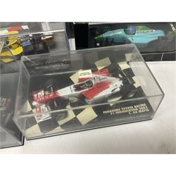 Panini Formula 1 The Car Collection - twelve die-cast models including ten in unopened packaging with periodical; all models in plastic display boxes; and eight other boxed die-cast models of racing cars by Corgi, Onyx, Classico, Minichamps etc (20)