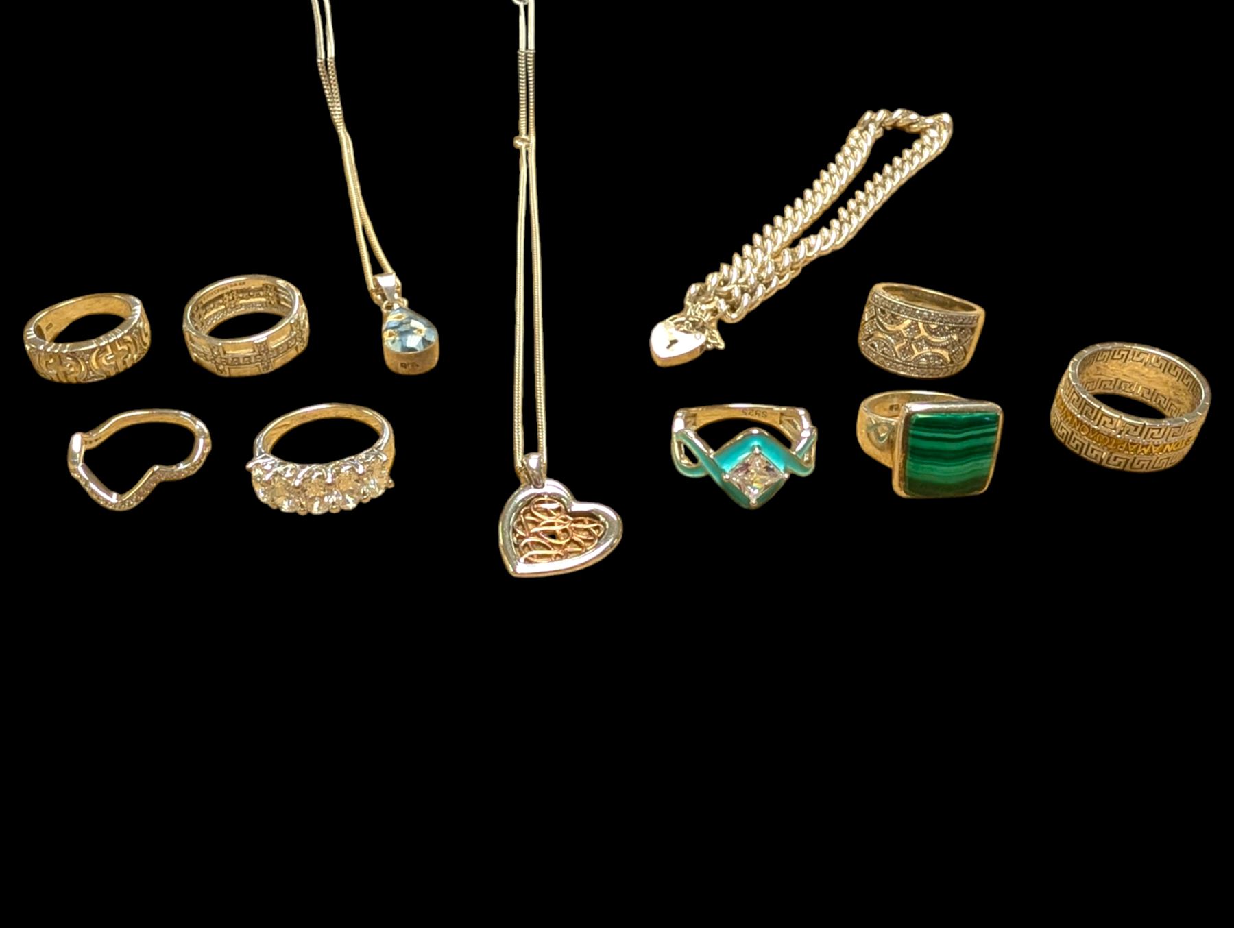 Clogau silver pendant necklace with Welsh gold detail, silver pendant necklace, silver chain bracelet and eight silver rings 