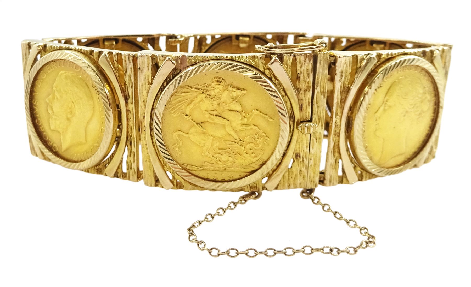 Gold sovereign bracelet, six gold full sovereign coins dated 1872, 1890 (Sydney mint), 1899, 1910 (Perth mint), 1912 and 1925 (South Africa mint), loose mounted in 9ct gold bracelet, hallmarked
