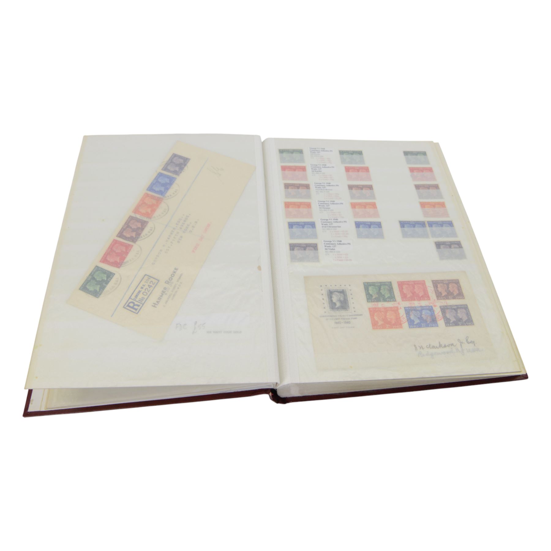 Extensive and well-annotated collection of Great Britain and World Queen Victoria and later stamps, including Queen Victoria penny black with faint red MX cancel, 1840 two pence blue, embossed issues, QV one pound brown lilac, QV one pound green, King Edward VII one pound green, numerous King George V seahorses, 1929 Postal Union Congress one pound, unused, King George VI 1939-48 mint set of six including ten shillings dark blue, Cape of Good Hope triangles, further Commonwealth issues, etc