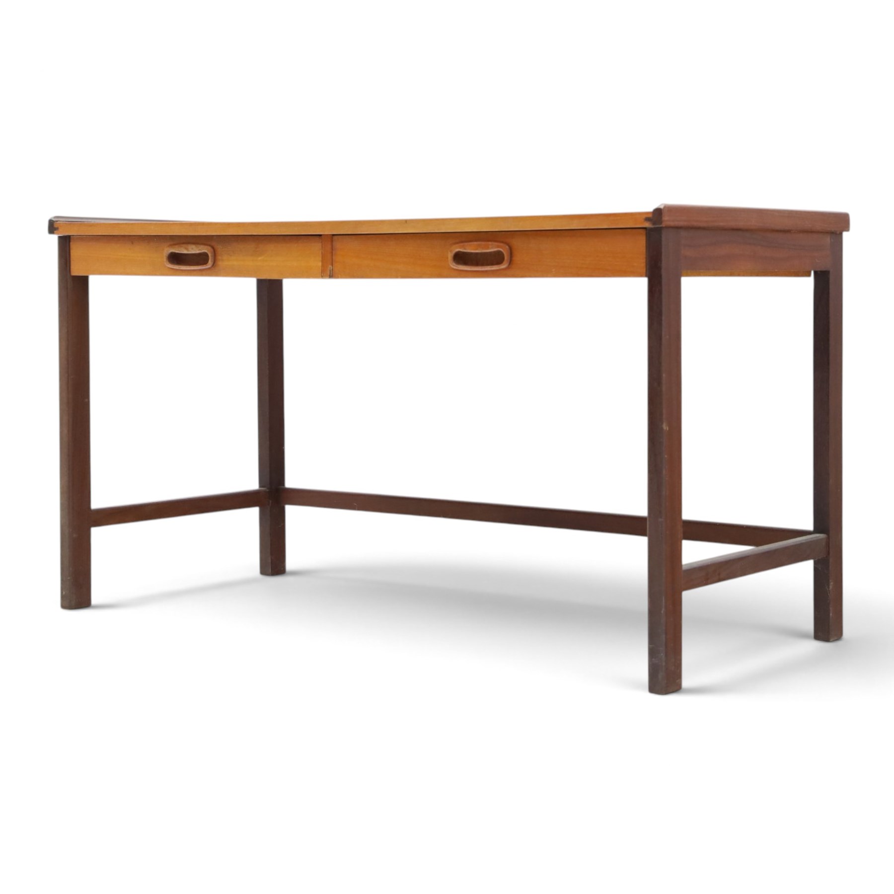 Danish mid-20th century teak small console table, fitted with two baize lined drawers, raised on square supports united by stretchers