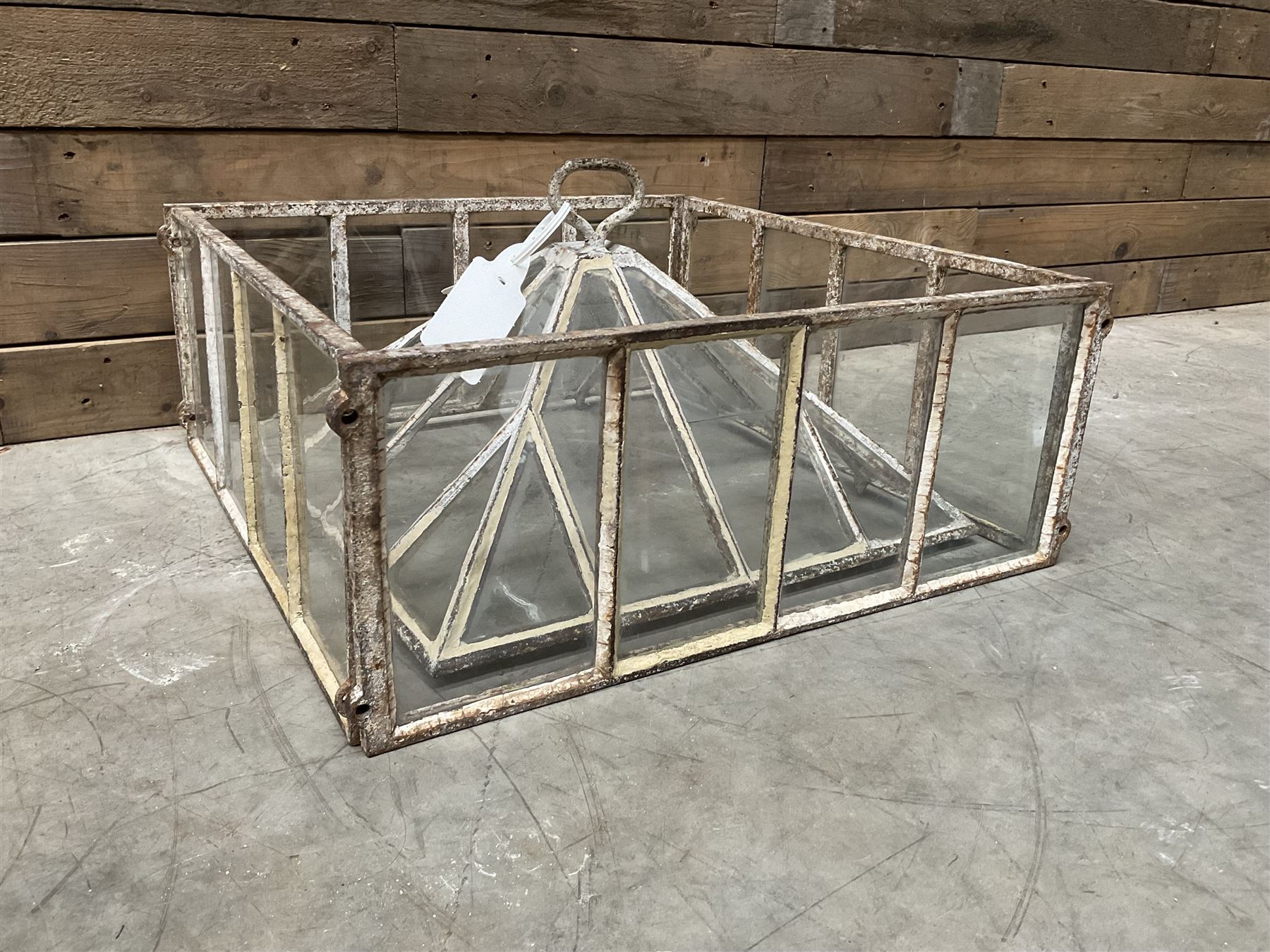 Victorian painted iron framed square garden cloche lantern, with associated sides (larger than the top piece), no fittings