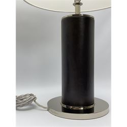 Ralph Lauren - pair 'Beckford' table lamps, cylindrical form in chocolate brown leather, polished metal base, with shades