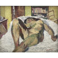 Ronald Allan (British 1900-1966): Female Nude Sleeping, oil on panel signed 49cm x 59cm
Notes: Allan born at Cheadle Heath, Cheshire studied at Manchester School of  Art and the Slade. Founder member of the progressive Manchester Group. Known as the last of the Manchester Bohemians. The City Art Gallery holds his noted portrait of Kenneth Russell Brady