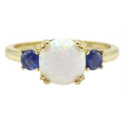 Silver-gilt three stone opal and sapphire ring, stamped 925