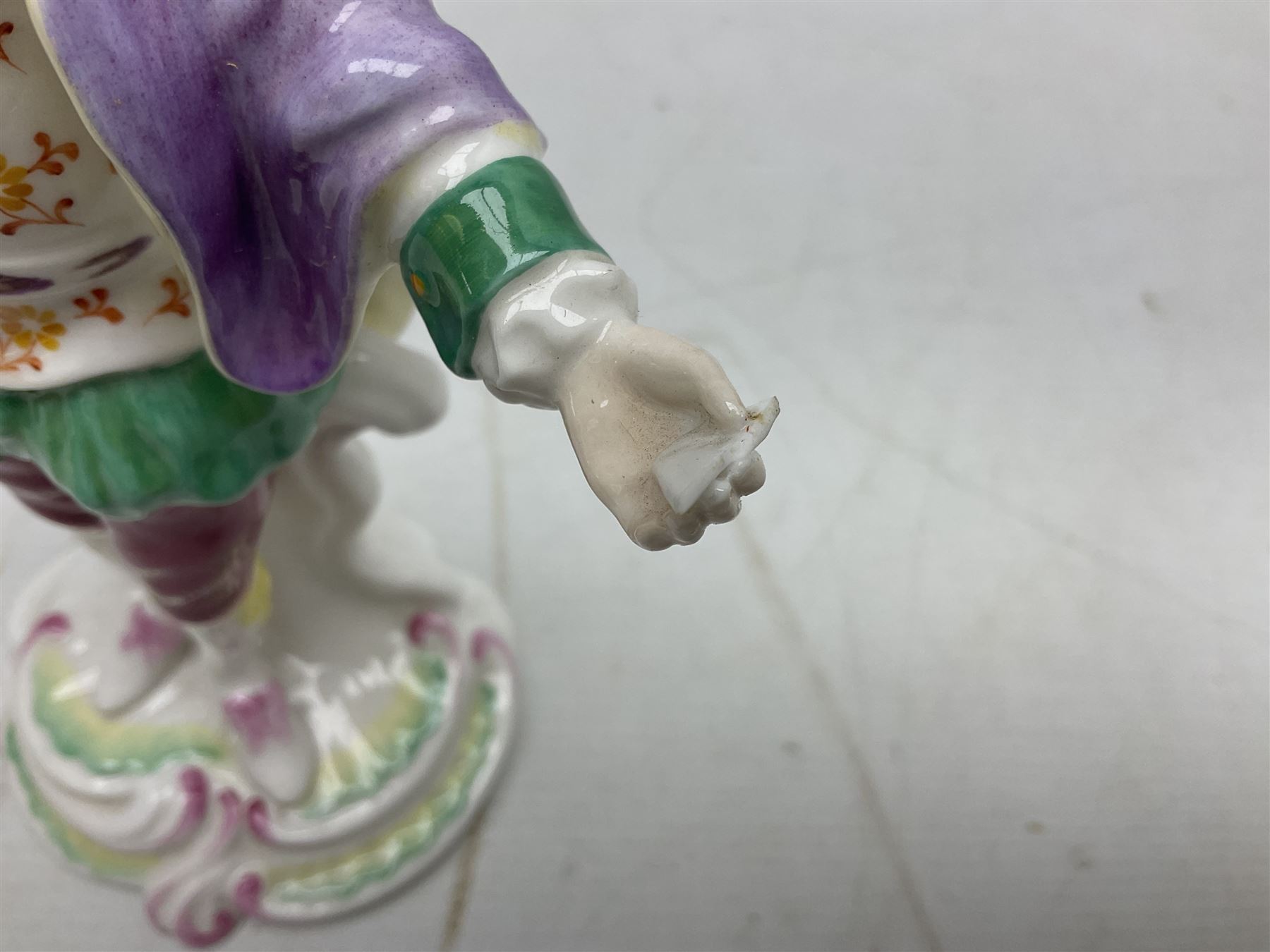 Seven Spode Chelsea figures, comprising no.1, no.2, no.3, no.4, no.6 and two further smaller examples, together with a Dresden figure of a gentleman, no. K10003, and a Delft style figure of a boy, some with boxes, tallest H23cm (9)