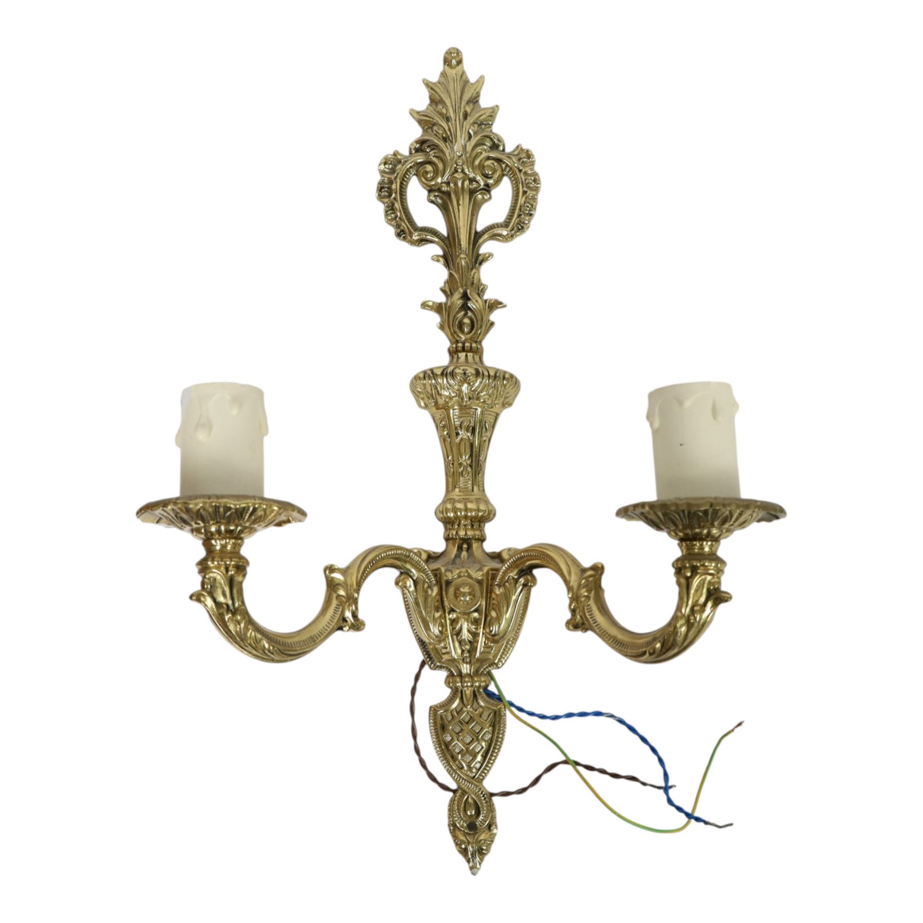 Victorian brass candlestick wall sconce, together with pair of brass wall lights and one other 