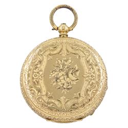 Early 20th century 14ct gold cylinder pocket watch, gilt dial with Roman numerals, engraved back case with foliate decoration, stamped 14K 