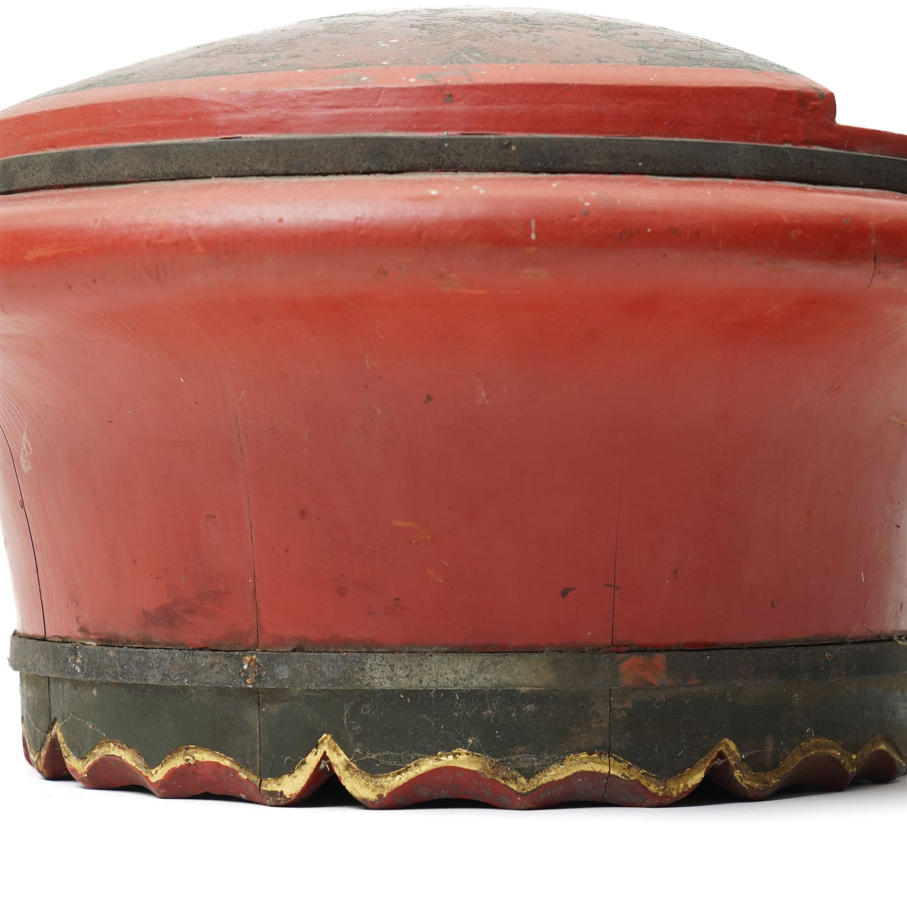 Early 20th century Chinese red lacquered marriage basket, the exterior with character and fruit motifs, H43cm; together with a red painted dowry basket, on shaped circular foot, H19cm x D35cm (2)