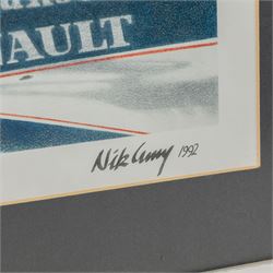 Three Formula 1 racing prints, including Nigel Mansell example signed by Nik Curry, Nigel Mansell 'Inside View' by Karen Johnson, and a Ray Goldsborough example, all framed, largest H38cm, W55cm