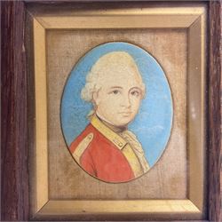 19th century watercolour head and shoulder portrait miniature of a Georgian  British Army Officer, oval 6.5 x 5cm, oak frame; and tapestry silhouette portrait miniature of a British soldier, 10.5 x 7cm, Hogarth frame (2)